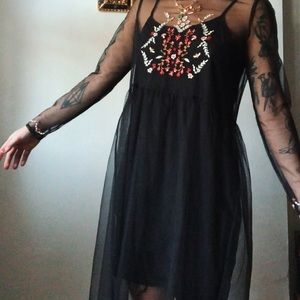 Black mesh long-sleeve dress w/ floral embroidery